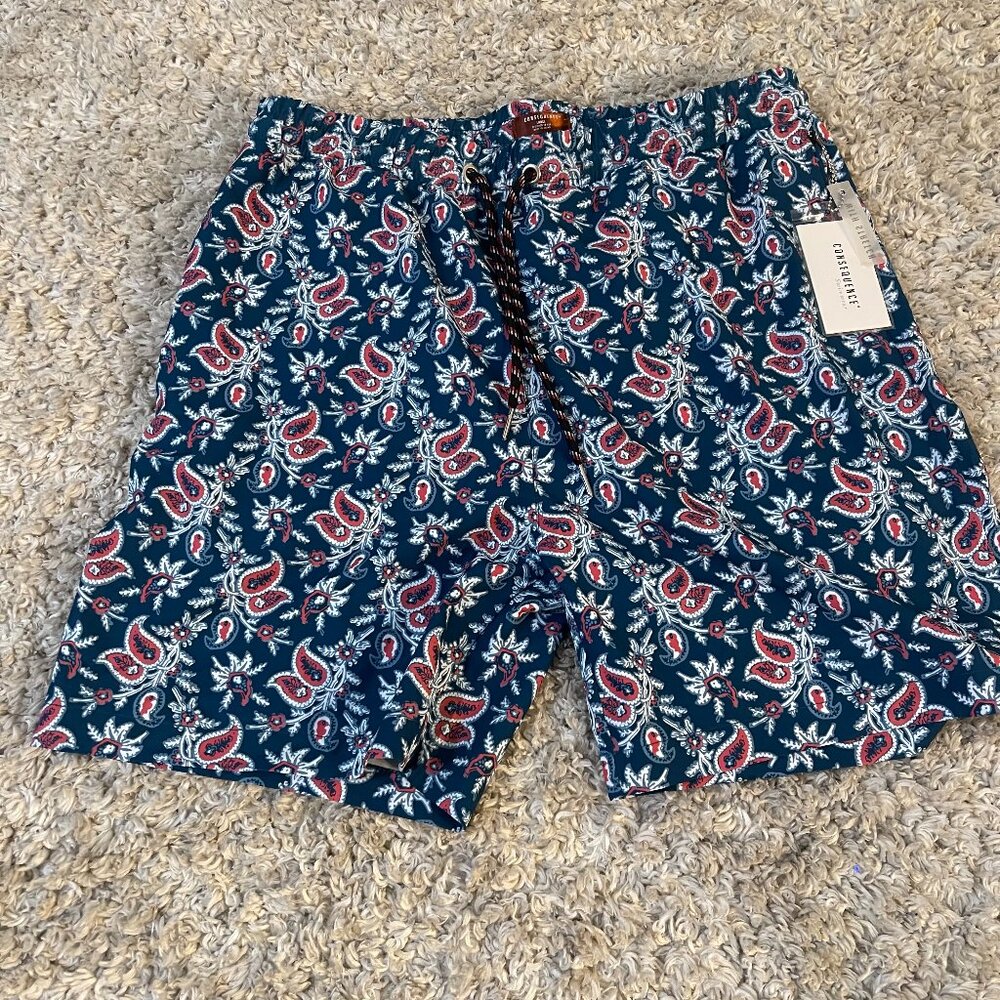 NWT Consequence Paisley Swim Trunks Teal Stretch Shorts Large